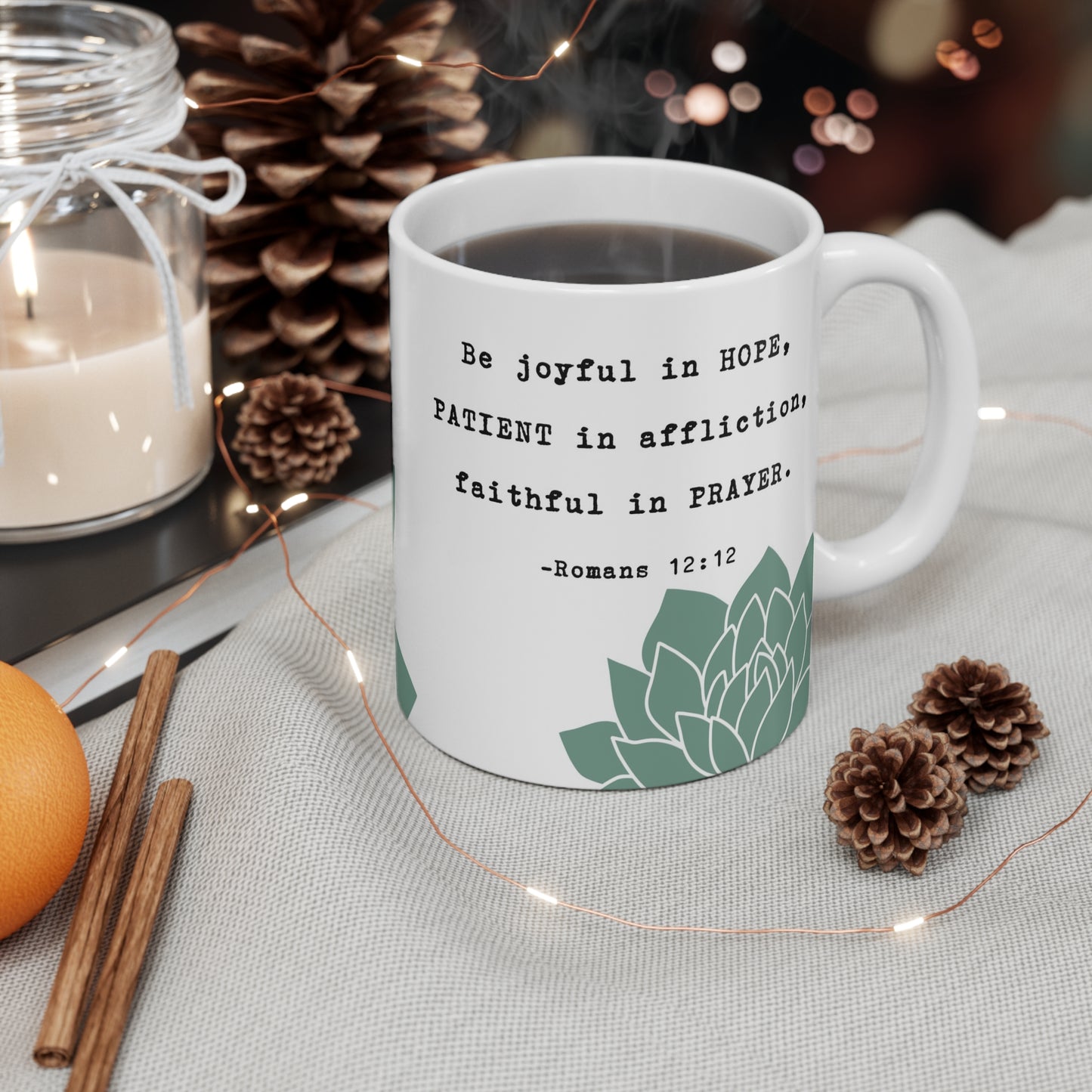 Hope, Patience, Prayer, Romans 12:12 Christian Bible Scripture Coffee Mug 11oz, Bible Verse Mug, Bible Study Gift, Positive Quote Mug
