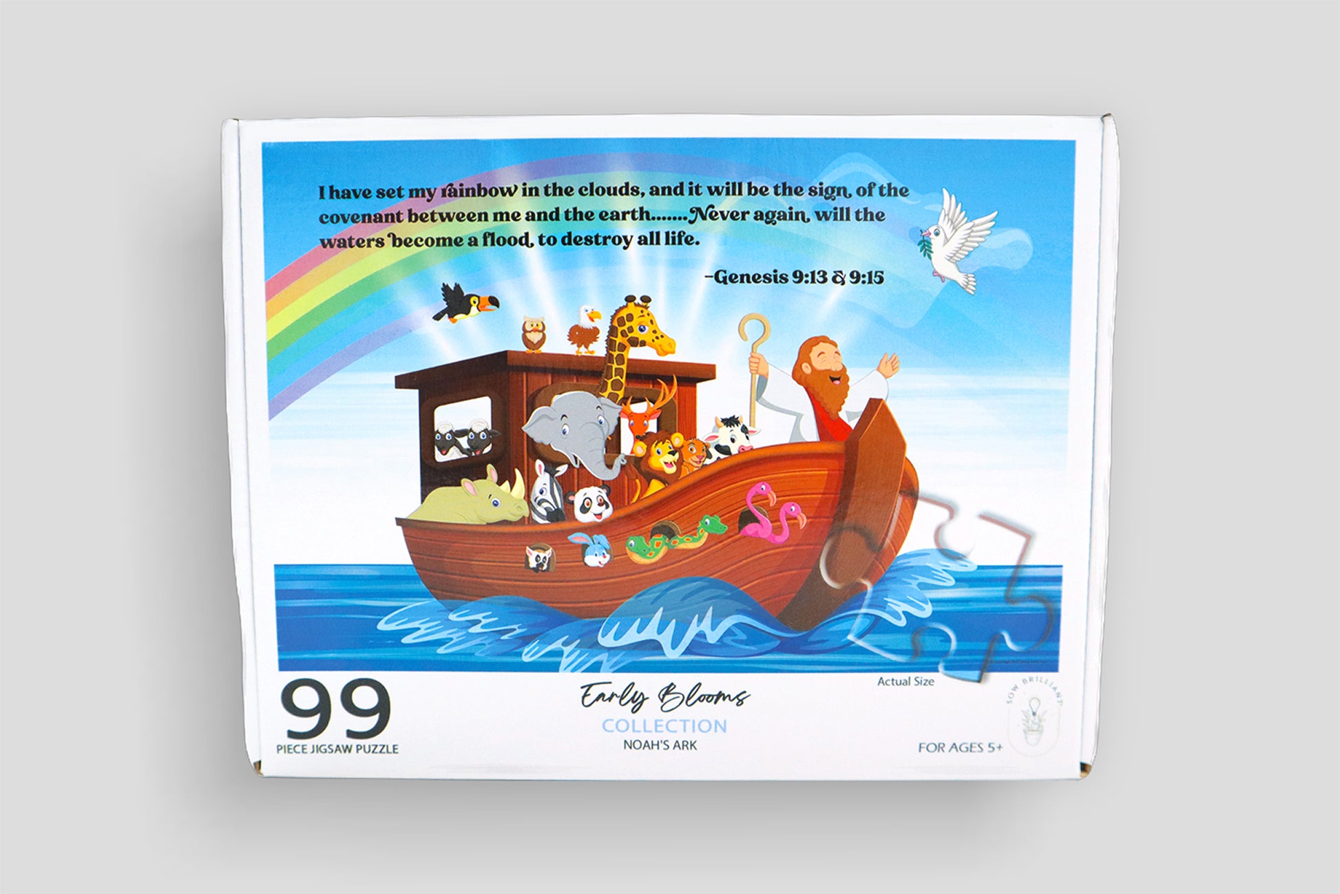 Front Cover of the Noah's Ark Jigsaw Puzzle box. The photo on the box features Noah's Ark and the Animals, a rainbow and  Genesis 9:13 and Genesis 9:15 bible scripture about the promise of the rainbow as found in the bible..